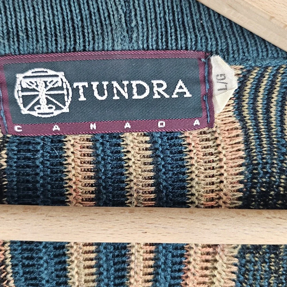 Vintage Tundra Canada Knit Sweater Cardigan Size Large 90s Coogi Style 3D Cotton